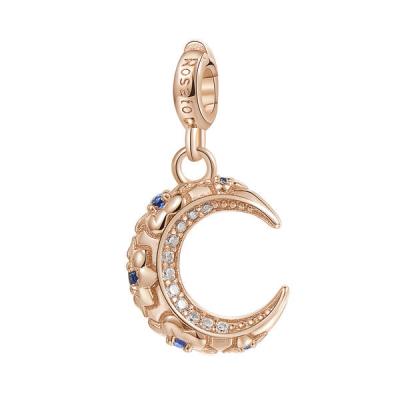 Charm argento 925/1000 galvanica rosa luna con zirconi bianchi e blu